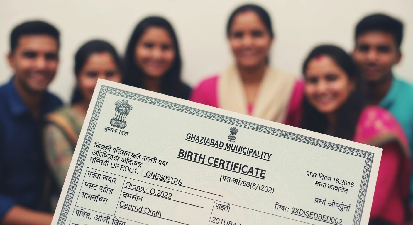Ghaziabad Municipality birth certificate held in front of a smiling group of people, representing successful documentation or attestation