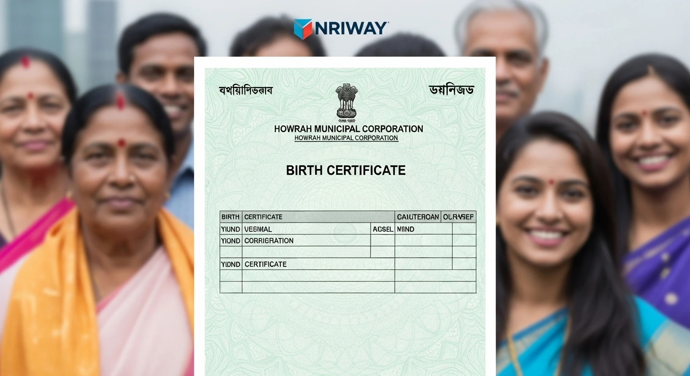 Howrah Municipal Corporation birth certificate with NRIWAY logo, held in front of a smiling group of people in traditional Indian clothing.