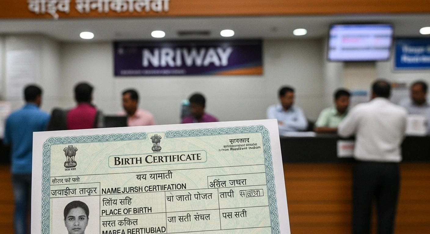 Sample birth certificate held in front of a government office counter with people in the background and NRIWAY signage visible.