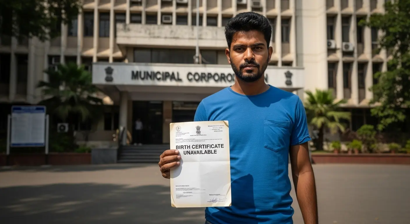 Man holding a “Birth Certificate Unavailable” document outside a Municipal Corporation office.